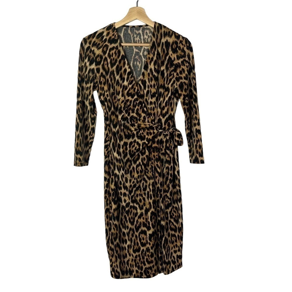 Kasper Brown Animal Print Long Sleeve Wrap Dress M